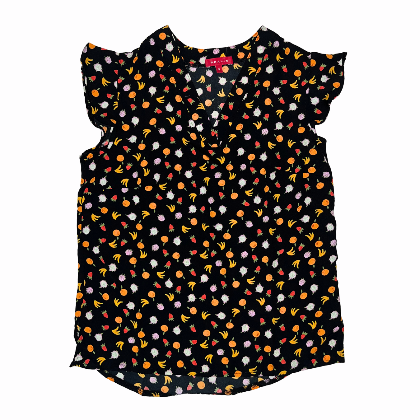 Blusa Negra con Frutas Manga Corta con Vuelos 10066 Mujer