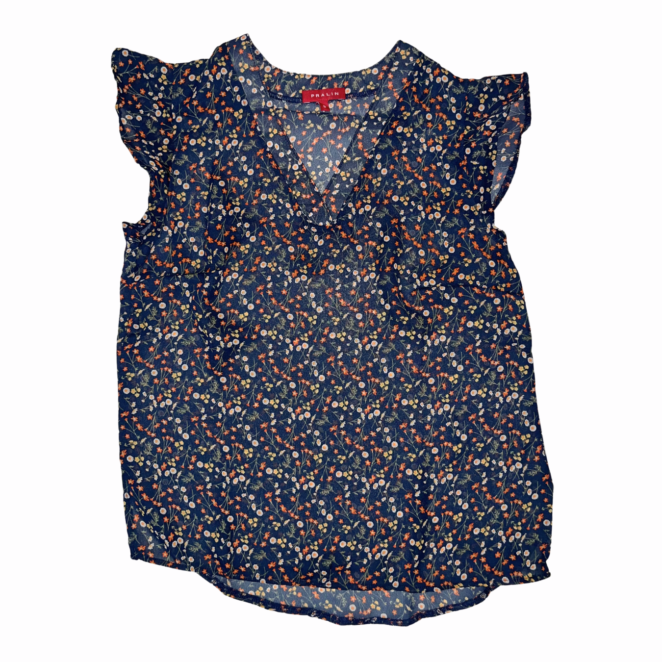 Blusa Azul Marino y Florecitas Manga Corta con Vuelos 10066 Mujer
