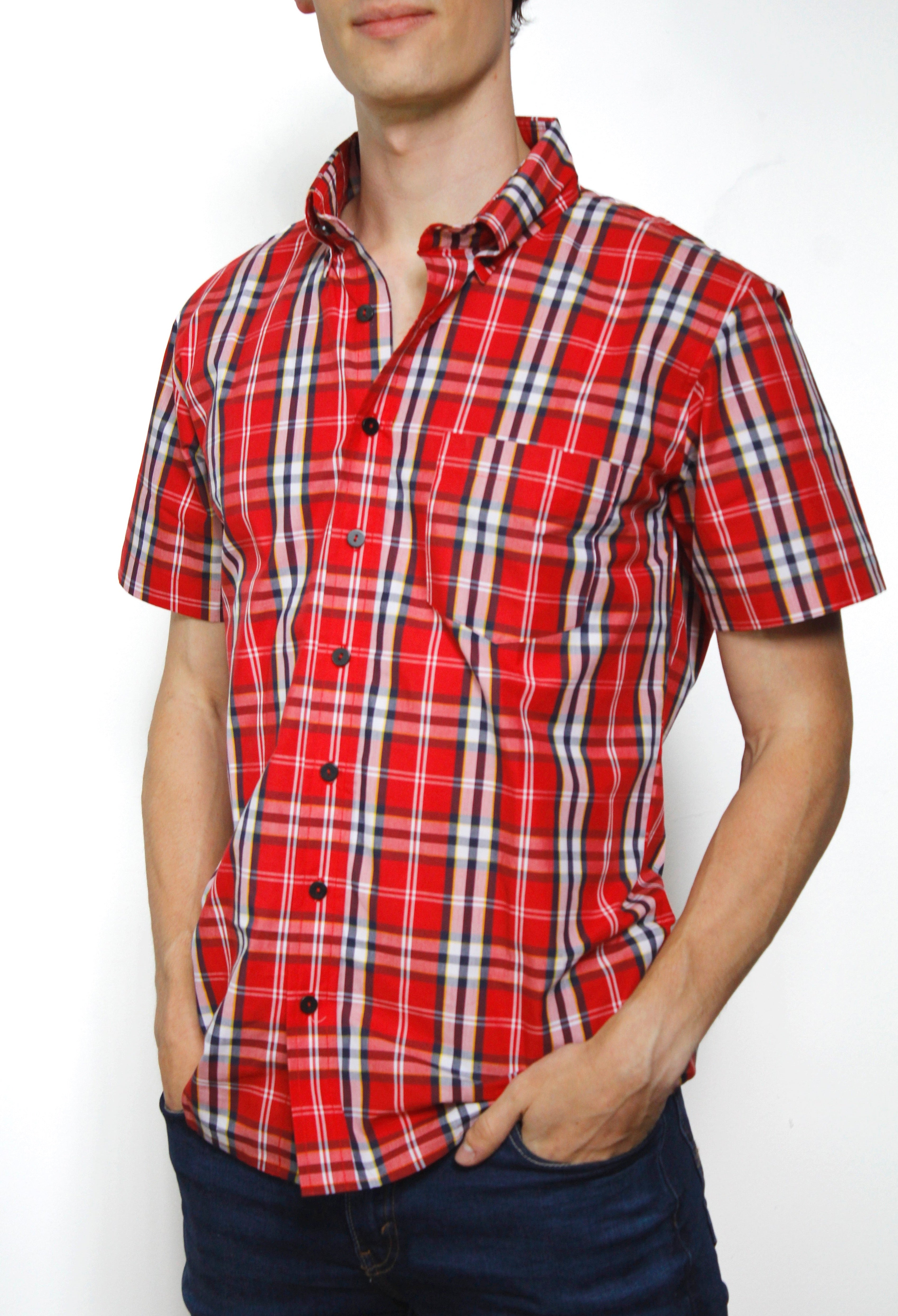 Camisa Manga Corta Roja con Cuadros 10023 Hombre